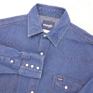Wrangler Denim Pearl Snap Shirt Mens‎ 17 36 Long Sleeve Cowboy Rodeo Blue